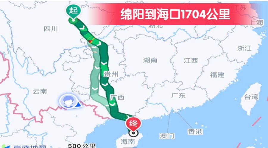 綿陽(yáng)到?？?704公里
